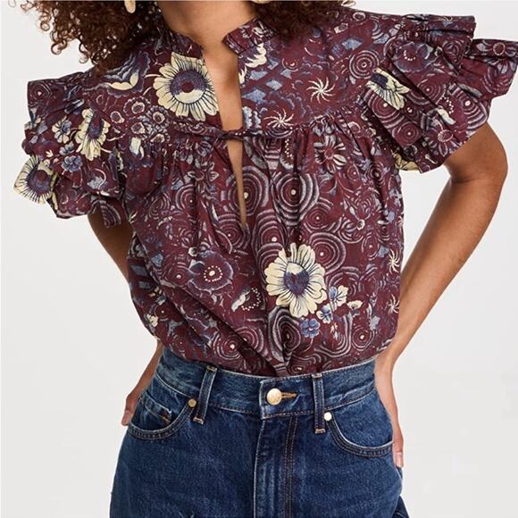 Ulla Johnson Letty Heliotrope Purple Floral Short Flutter Sleeves Blouse Size 2 - Picture 13 of 13